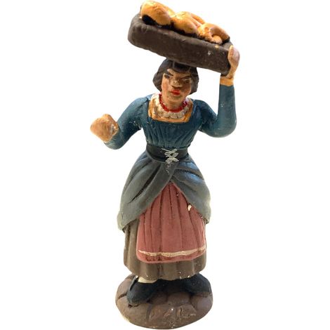 Donna con vassoio in testa statuetta in terracotta artigianale per presepe napoletano da h 10 cm