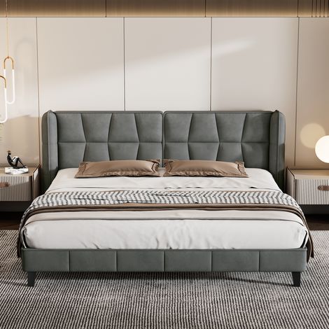 Cama de madera tapizada para adultos con cabecero y somier, Gris, Terciopelo - 180x200cm (1/5)