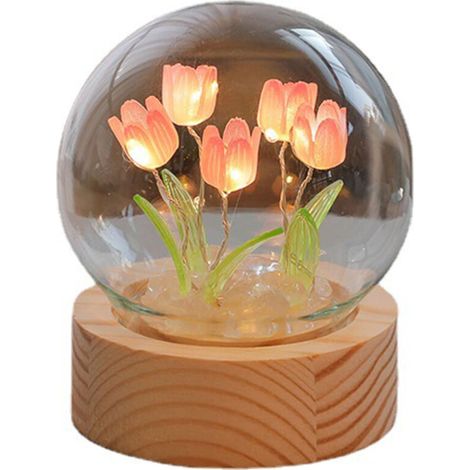 Lampe de nuit tulip en verre et bois, lumière douce décorative pour salon, bureau et chambre (1/2)