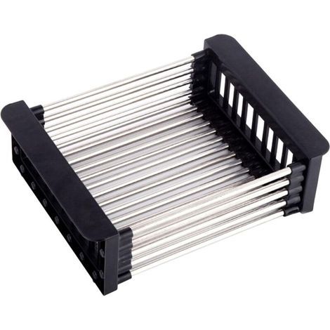 Abtropfkorb, Spülbeckenabtropfgestell, teleskopierbares Edelstahl-Abtropfgestell mit 1 Schraube, zum Abwaschen von Geschirr in der Küchenspüle, zum Abtropfen von Obst und Gemüse (Schwarz, L) (1/5)