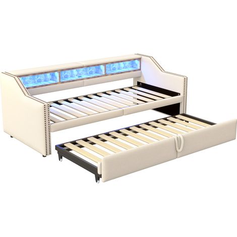 Divano letto estraibile 90/180 x 200 cm con contenitori, LED e USB, beige, HOMVRA (1/5)