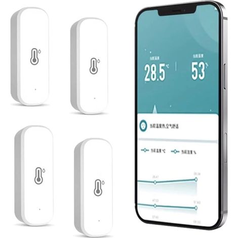 Lot de 4 thermomètres-hygromètres WiFi, mesureurs de température et d'humidité sans fil pour l'intérieur et l'extérieur avec alarme d'application [JUN] (1/4)