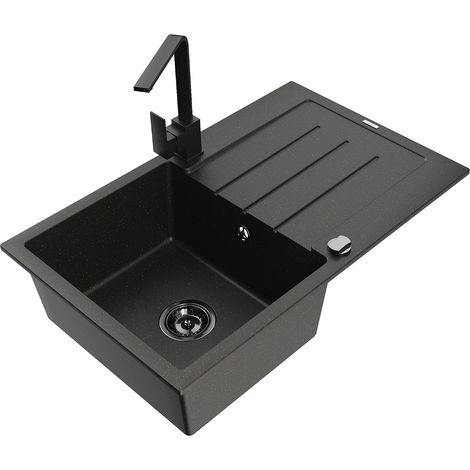 Mexen Bruno 1 Becken-Granitspüle mit Abtropffläche und Mischbatterie Rita, Schwarz/Gold metallisch - (1/5)