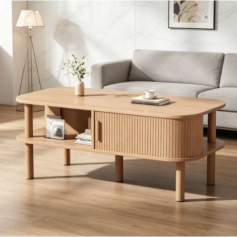 Mesa baja escandinava, 110x55x45 cm, efecto madera natural, puerta corredera ranurada y almacenaje de 2 niveles (1/5)