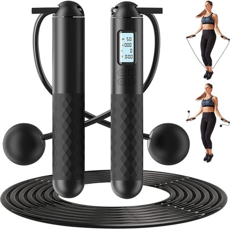 Skipping Rope with Counter, Wireless Sport Jump Rope, Adjustable Jump Rope with Calorie Counter and Timer LCD Display Screen for Adult, Children's Fitness (Black) (1/5)