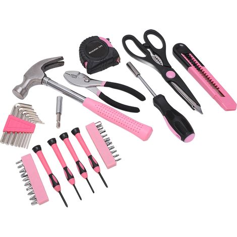 39-teiliges Haushaltswerkzeugset, Rosa, Tragbares Handwerkzeugset mit Hammer, Schraubendreher, Schraubenschlüssel, Reparatur- und Wartungswerkzeugset für Mädchen (1/5)