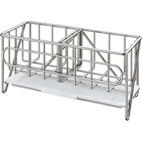 Porte Eponge Evier Cuisine Organisateur, XU, Rangement Evier Cuisine Destiné à Brosse De Nettoyage, Porte-Savon Equipé de Plateau De Drainage, Argent - KZQ (1/4)