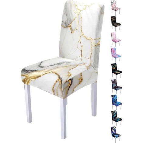 Dining Room Chair Cover, Marble Print Chair Cover 1 2 4 6 Pieces Washable Chair Cover, Stretchable Chair Cover for Decorated Dining Room (4 Pieces, Gold White) (1/5)