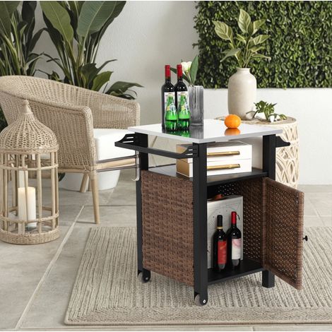 Carro bar con ruedas (76x57x85 cm), con estante extensible y tablero de acero inoxidable, acero marrón (1/5)