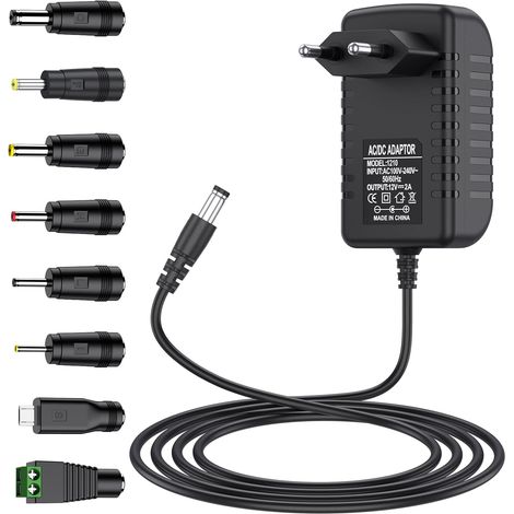 Adaptateur Secteur 12V 2A, AC 220V-230V vers DC 12V, Alimentation avec 8 Connecteurs DC, Convertisseur Chargeur 5.5mm, 2000mA 1000mA 500mA (DC12V2A) (1/5)