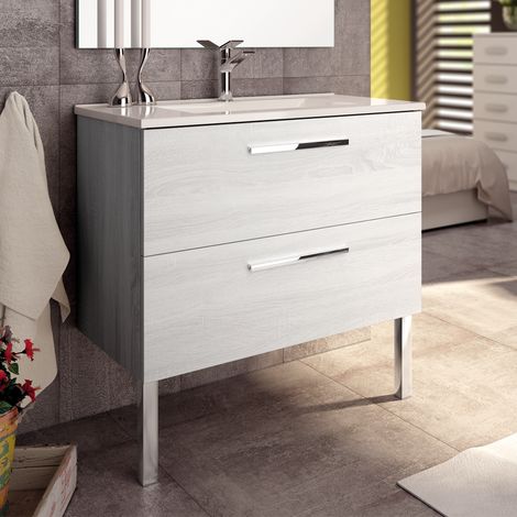 Meuble de salle de bain 80cm simple vasque - 2 tiroirs - sans miroir - hibernian (bois blanchi) - CINTO (1/4)