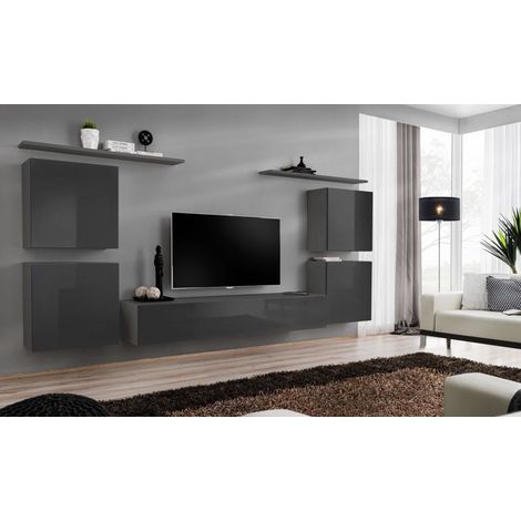 Ensemble mural - Switch IV - 1 vitrine - 1 banc TV - 2 étagères - Graphite - Livraison gratuite