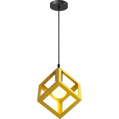 Suspension Luminaire Moderne Lustre Forme Cube Lampe  Style Géométrique en Métal E27 Plafonnier pour Chambre Salon Restaurant, Jaune