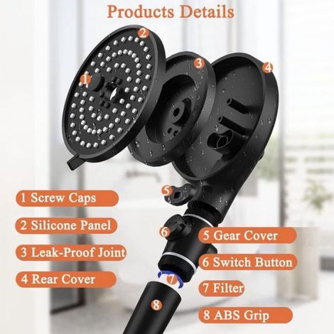 Pommeau De Douche - Filtre Anti Calcaire - 5 Modes Jet Réglable - Bouton Arrêt Instantané - Pression Haute - Économie D'eau - Universel 1/2 Pouces - 1 Pièce (1/4)