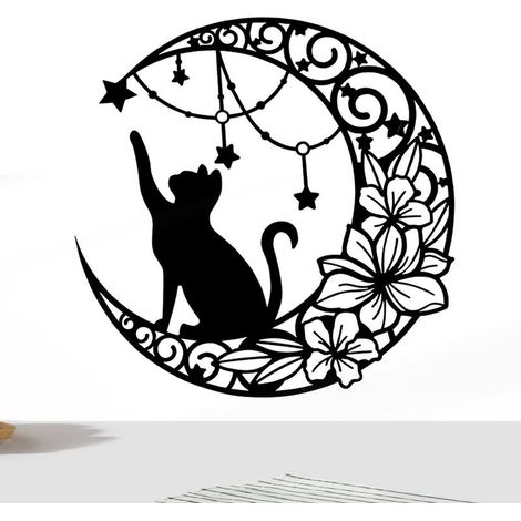 Décoration Murale Chat Lune En Métal, 11,8" Art Mural Noir En Métal Métal Chat Noir Et Lune Art Mural Chat Qui Choisit Des Étoiles Sur La Lune Décoration Murale Ronde Silhouette Art (1/5)