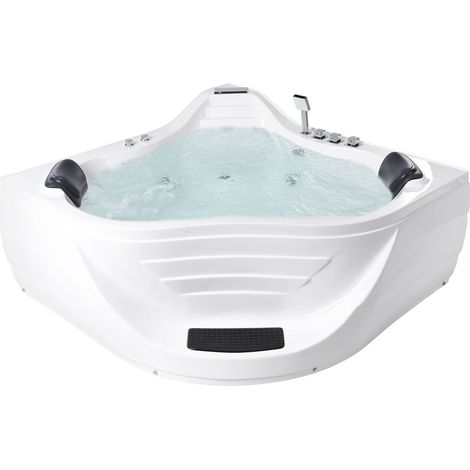 Corner Hot Tub with Hydro Massage White Acrylic Stainless Steel Fittings 2200 x 160 mm Waterfall Headrests 2 Seater CARTAGENA (1/5)