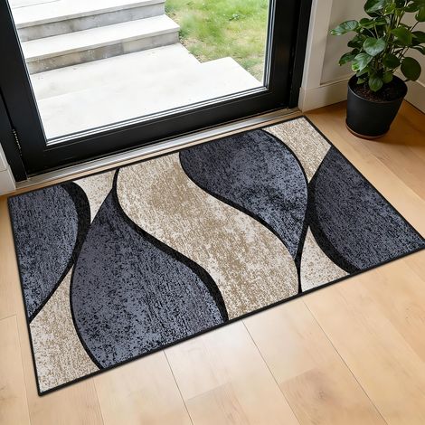 Petit tapis antidérapant à poils courts lavable en machine - Gris foncé, noir et beige - Moderne - Motif géométrique ondulé (1/5)