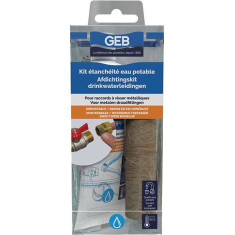 GEB – Kit étanche pour circuits d'eau potable – Pâte à joint pour raccords métalliques – Résiste jusqu'à 200 bars – Bobine de filasse avec dévidoir