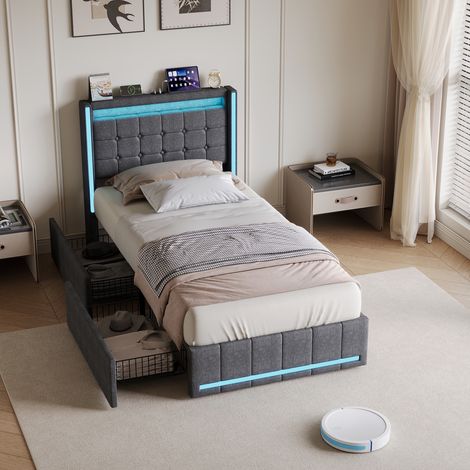 Bett 90 x 200 cm mit 2 Schubladen – Einzelbett 90 x 200 cm und Lattenrost – Kopfteil mit Flügeln, LED und USB-Typ-C – Leinen, grau (1/5)