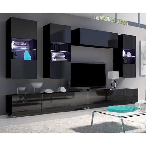Wohnwand mit beleuchteten Hängevitrinen in schwarz Hochglanz mit LED Beleuchtung CAIRNS-132, B/H/T ca. 300/200/43 cm (1/5)