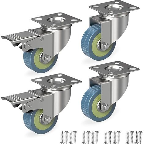 4er Set Möbelrollen 50 mm - Schwerlastrollen bis 50 kg pro Rad - 2 Räder mit Bremse - Lenkrollen für Innen - Stabile Schwenkrollen - Transportrollen mit Riffelung (1/5)