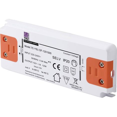 TRU COMPONENTS TC-YSL12F-1201000 Trasformatore per LED Tensione costante 12 W 1.0 A 12 V/DC adatto per mobili, Sovraten