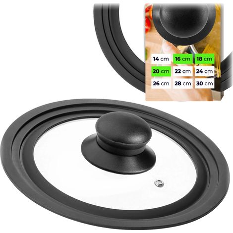Tapa para olla, vidrio templado, silicona, ajuste universal, diámetro de 16 a 20 cm, resistente al calor. (1/5)