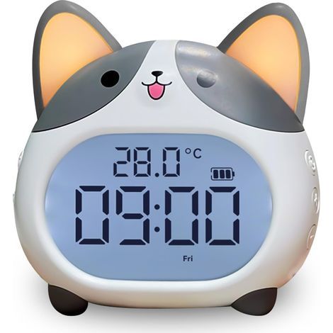 Réveil pour enfants – Horloge en forme de chien mignon avec veilleuse, 6 tonalités d'alarme, répétition, minuterie, affichage de la date et de la température – Horloges numériques à piles (1/5)