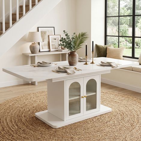 Table à manger extensible 6-8 personnes 150-200x80 cm avec rangement,LED via application,plateau épais 2,4 cm,blanc effet marbre (1/5)