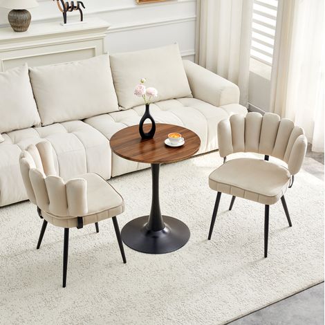 Ensemble table ronde 60 cm en MDF avec base noire et 2 chaises en velours à dossier pétales (1/5)