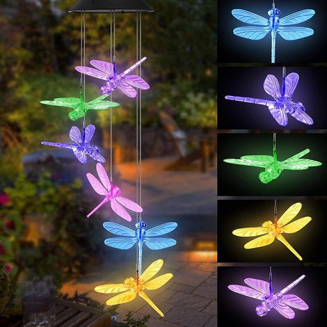 Carillon éolien libellule à spirale multicolore, mobile éolien portable et étanche, décoratif et lumineux pour terrasse, jardin ou maison. (1/5)