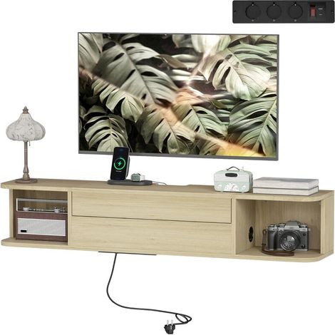 Meuble TV suspendu meuble télé pour téléviseur 50 pouces tiroir étagères passe-câbles 120x24x22,4cm effet bois naturel (1/5)
