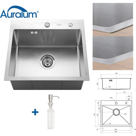 Lavello Cucina 55x45cm in Acciaio Inox Spazzolato, Lavandino Cucina Incasso Vasca Singola con dispenser di sapone e Sifone, Da appoggio o filotop