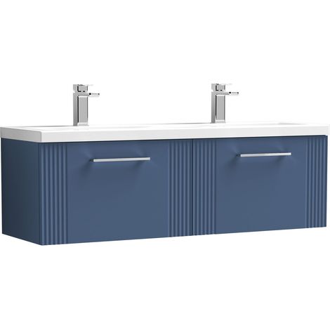 Belvide Partial Fluted 2 Drawer Wall Hung Vanity Unit with Double Ceramic Basin - 1200mm - Satin Blue
