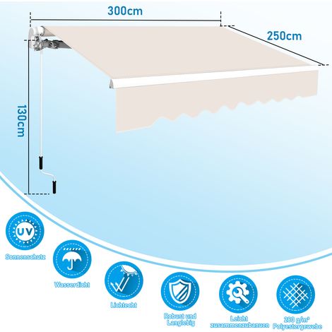 Wolketon 300x250cm Sonnenmarkise Gelenkarmmarkise Aluminium Markise Klemmarkise mit Handkurbel Balkonmarkise Sonnenschutz Beige