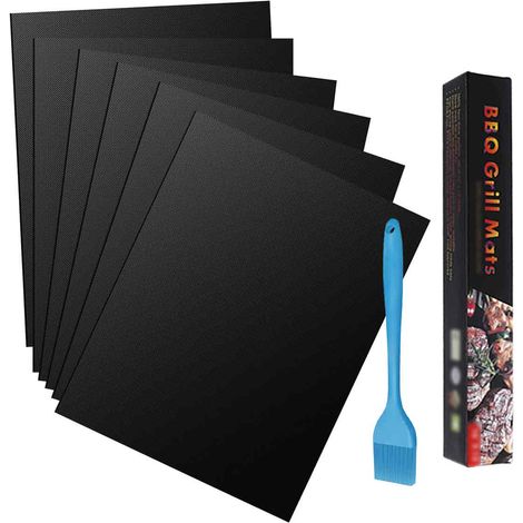 6 tapis de cuisson pour barbecue, réutilisables, 33 x 40 cm, téflon noir, compatibles charbon/gaz/électrique, avec brosse (1/5)