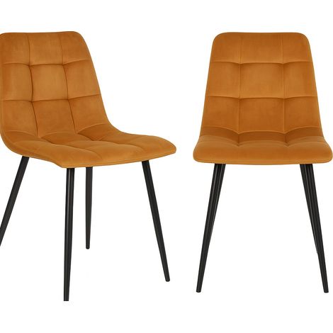 Lot de 2 chaises de salle à manger MODA – Velours capitonné et pieds en acier noir-Jaune moutarde (1/5)