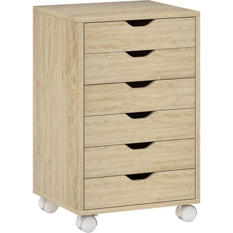 HOMCOM cajonera escritorio, archivador móvil con 6 cajones, ruedas, guías deslizantes silenciosas, para oficina, casa, roble