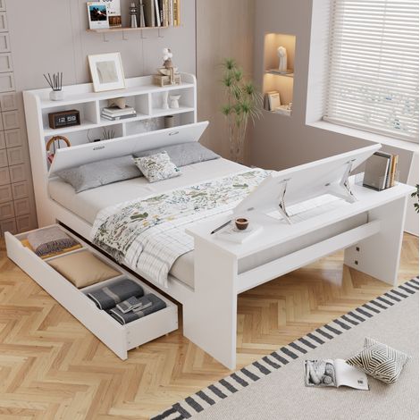 Einzelbett 140x200 cm Weiß aus Holz mit Stauraum, Klapptisch und verstellbarer Tischplatte (1/5)