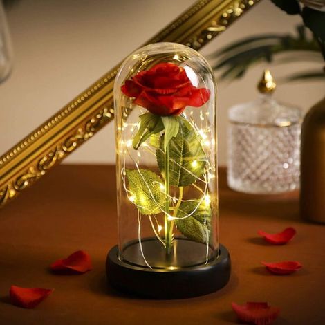 Naturelle Rose Eternelle sous Cloche, La Belle et La Bete avec des lumières LED Fleurs éternelles Cadeau pour Femmes et Filles (Rose en Soie/Base Noire)-Fei Yu (1/3)