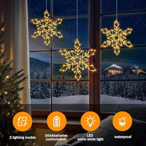 Lot de 3 guirlandes lumineuses LED flocons de neige à piles avec crochet adhésif, pour décorer fenêtres, balcons, fêtes et mariages. (1/4)