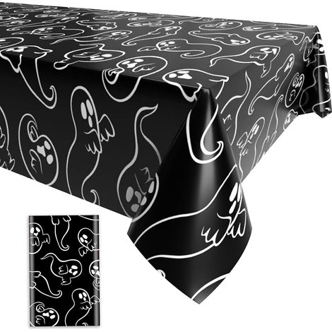 Nappe jetable rectangulaire noire à motif fantôme, grande taille, imperméable, pour Halloween (137 x 221 cm). Décoration de table extérieure. (1/5)