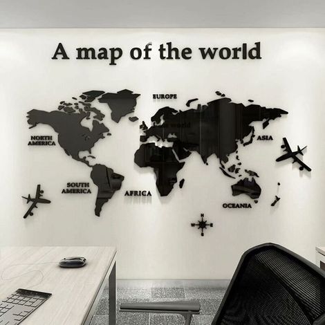 3D Art Carte Du Monde Muraux Sticker Murale Wall Décoration Décor Stickers Sticker Autocollant Murale Muraux Wall DIY Acrylique Cristal Bureau étude Salon Canapé Fond Décor (Noir,80 × 40cm) (1/5)