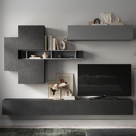 Parete attrezzata mobile tv sospeso moderno mensola in legno Infinity 44 - Nero - Grigio (1/2)