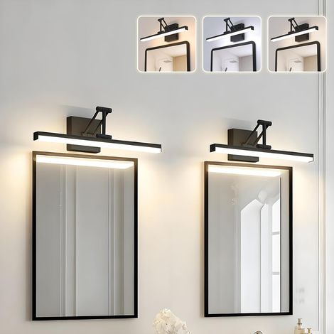 2 Pièces Appliques De Salle De Bain 3000K 4500K 6000K Avec Pliable Support Télescopique, 12W 960LM Luminaire Mural Pour Miroir Avec Interrupteur Noir, Chambre Lampe Tableau, Éclairage Toilette