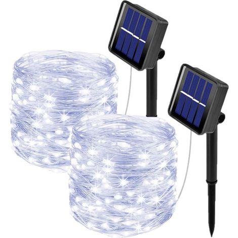 2 pièces guirlande lumineuse solaire, 10 m avec 100 LED blanches, fil de cuivre étanche, 8 modes, pour extérieur et jardin (1/5)