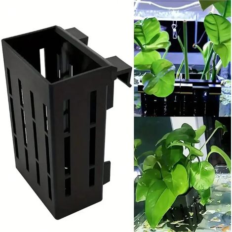 Support pour plantes d'aquarium (noir) : panier en plastique noir avec clip pour fixer les plantes aquatiques dans un aquarium. Installation stable. (1/4)