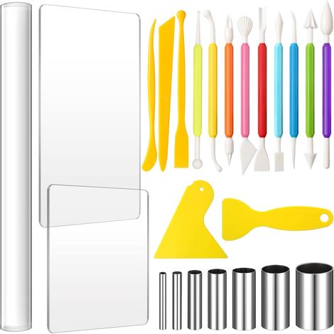 Kits d'outils de sculpture en argile de 24 pièces Outils de bricolage en argile de polymère avec rouleau, feuille d'acrylique, tableau de support de rasoir, coupe en forme de cercle rond, façonnage