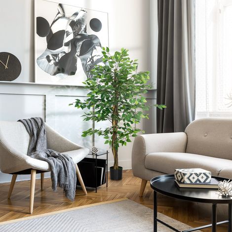 Pianta di ficus artificiale, alta 1,50 m, con tronco, rami, viticci, licheni e foglie, estremamente realistica, vaso incluso, colore verde.