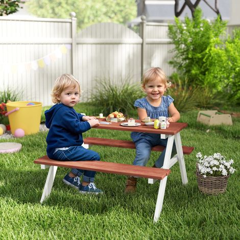 Ensemble table de pique-nique pour enfants de 3 à 8 ans avec bancs en bois. 89 x 79 x 50 cm. Marron.